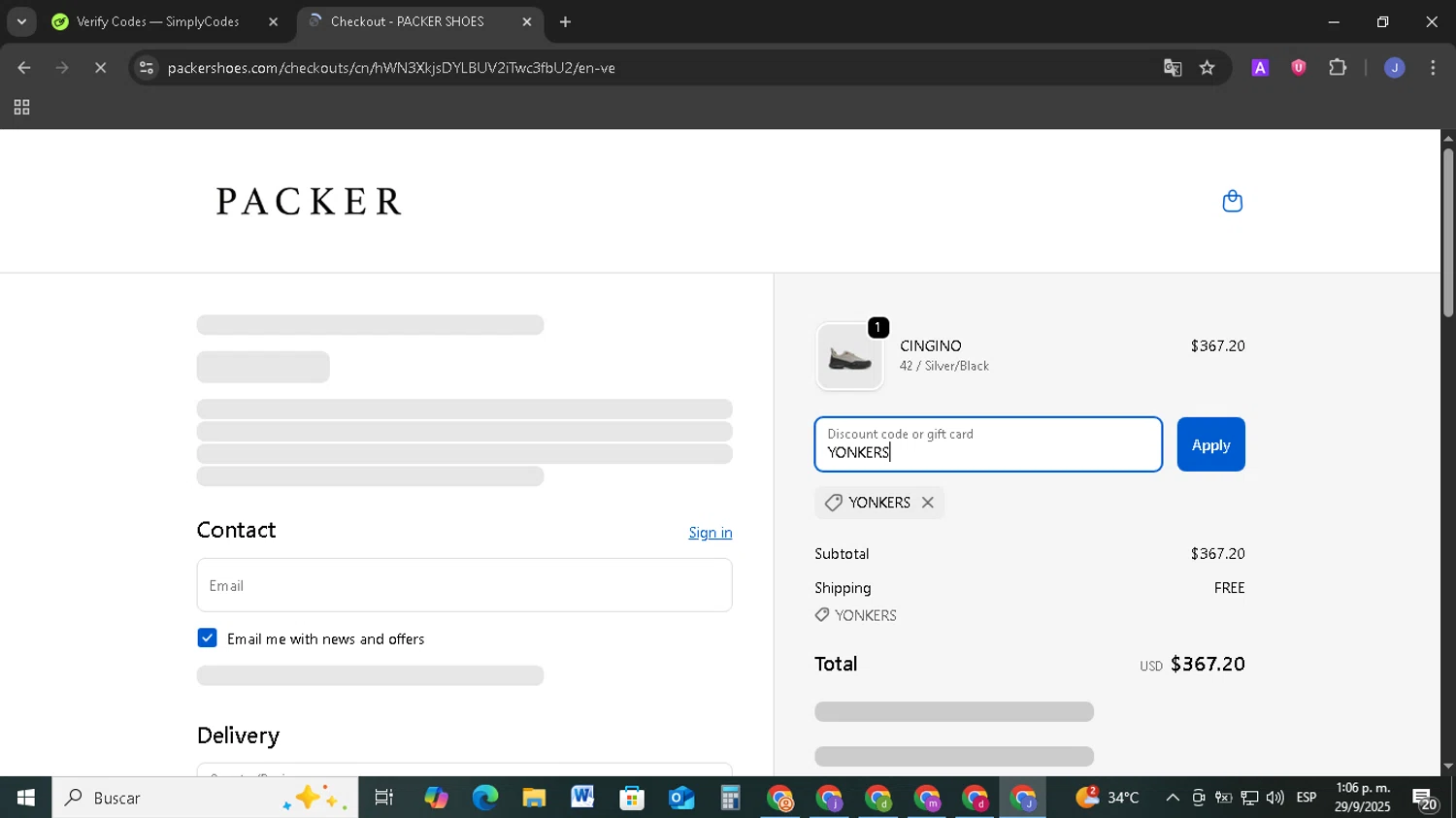 PACKER SHOES discount code screenshot showing code YONKERS applied at PACKER SHOES checkout page. Uploaded by SimplyCodes community member EpicSage3474 on Sep 29, 2025