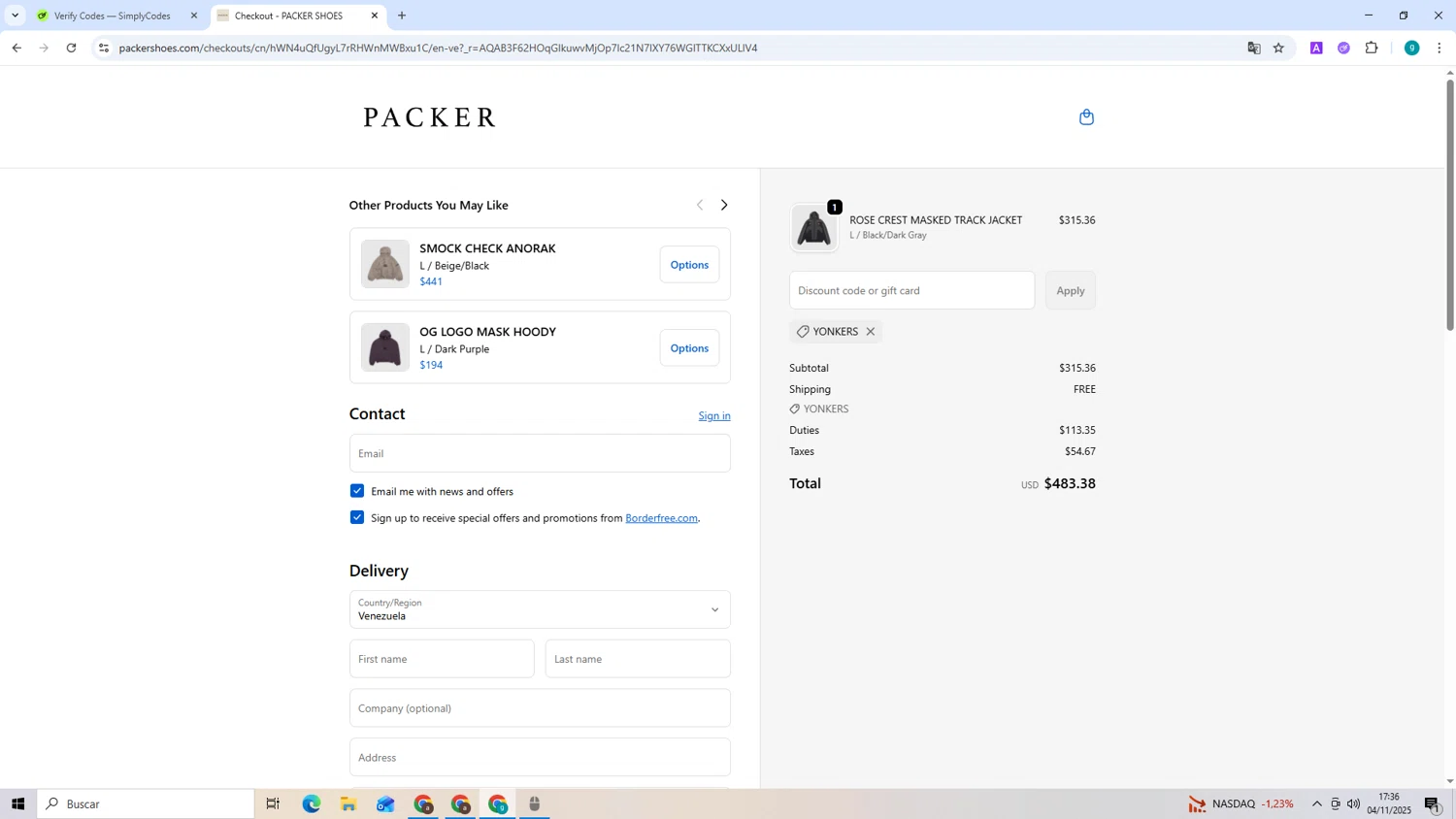 PACKER SHOES discount code screenshot showing code YONKERS applied at PACKER SHOES checkout page. Uploaded by SimplyCodes community member ShieldExpert3365 on Nov 4, 2025