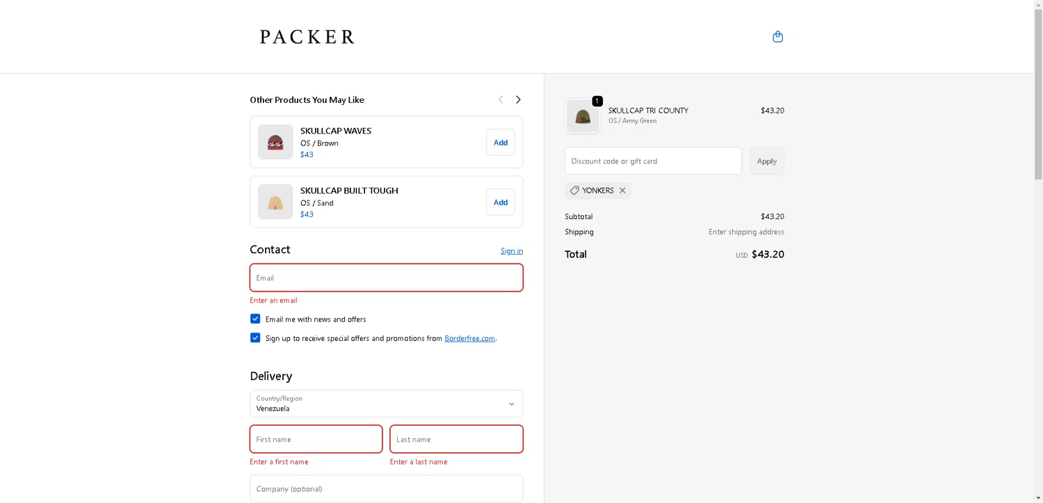 PACKER SHOES discount code screenshot showing code YONKERS applied at PACKER SHOES checkout page. Uploaded by SimplyCodes community member VictoriousFinder4393 on Nov 19, 2025