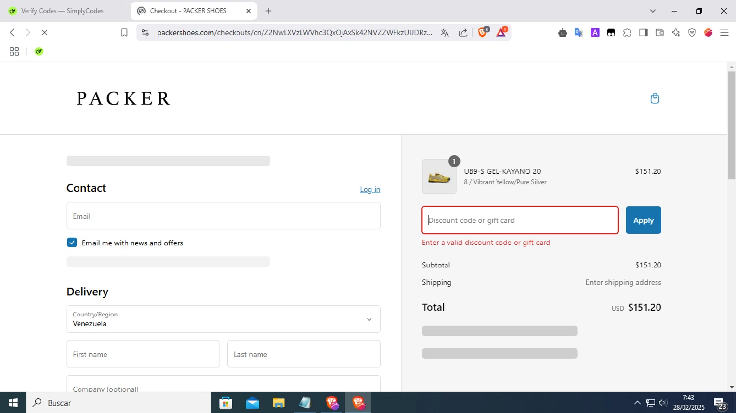 PACKER SHOES discount code screenshot showing code EXTRA20 applied at PACKER SHOES checkout page. Uploaded by SimplyCodes community member FrugalKnight7213 on Feb 28, 2025