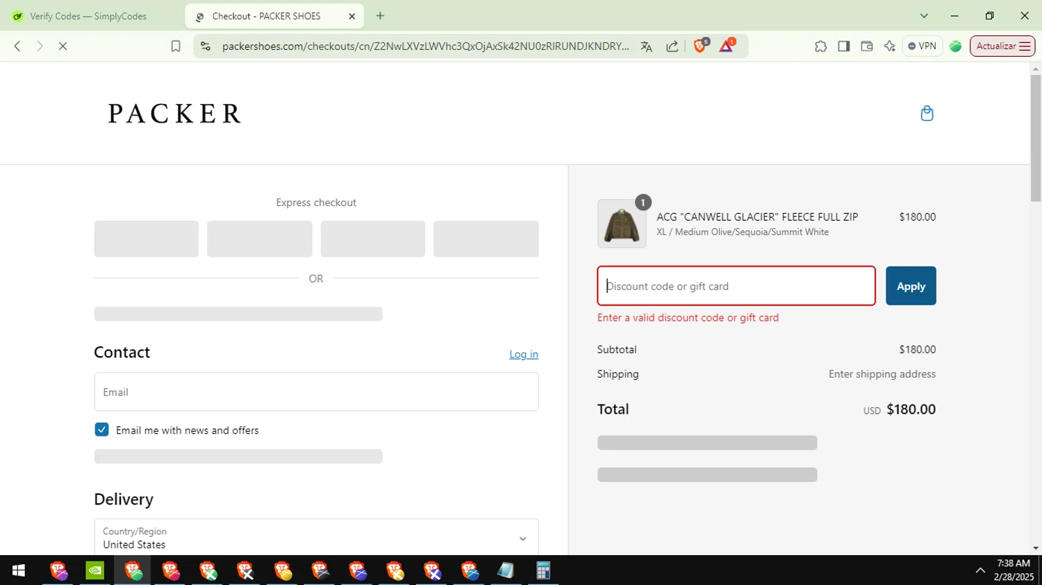 PACKER SHOES discount code screenshot showing code EXTRA20 applied at PACKER SHOES checkout page. Uploaded by SimplyCodes community member DiscountSentinel4513 on Feb 28, 2025