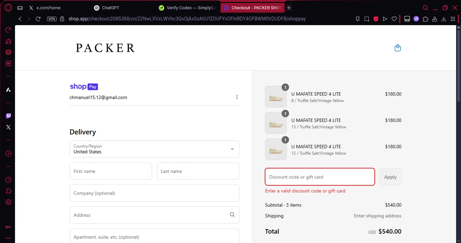 PACKER SHOES discount code screenshot showing code ARCH1 applied at PACKER SHOES checkout page. Uploaded by SimplyCodes community member Veigarwaton on Jul 14, 2025