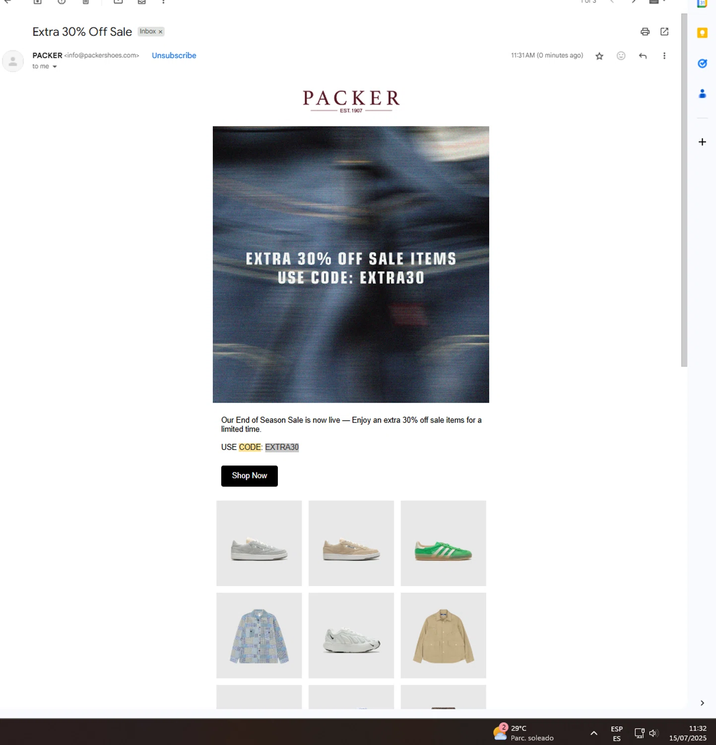 PACKER SHOES discount code screenshot showing code EXTRA30 applied at PACKER SHOES checkout page. Uploaded by SimplyCodes community member UnkNownVnzla on Jul 15, 2025