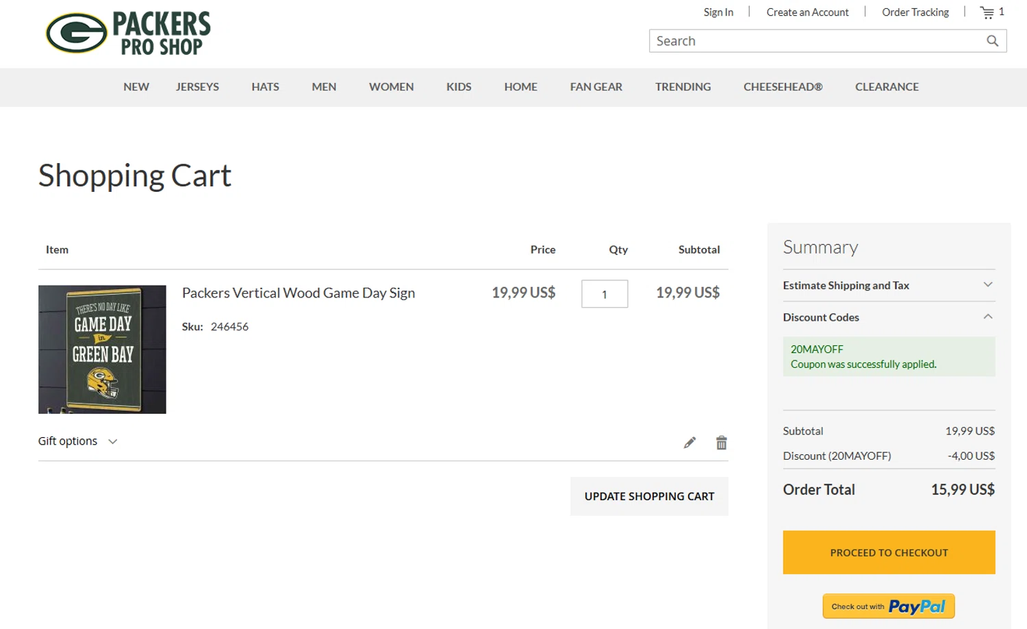 Packers Pro Shop promo code screenshot showing code 20MAYOFF applied at Packers Pro Shop checkout page. Uploaded by SimplyCodes community member valeriaantonieta on May 21, 2026