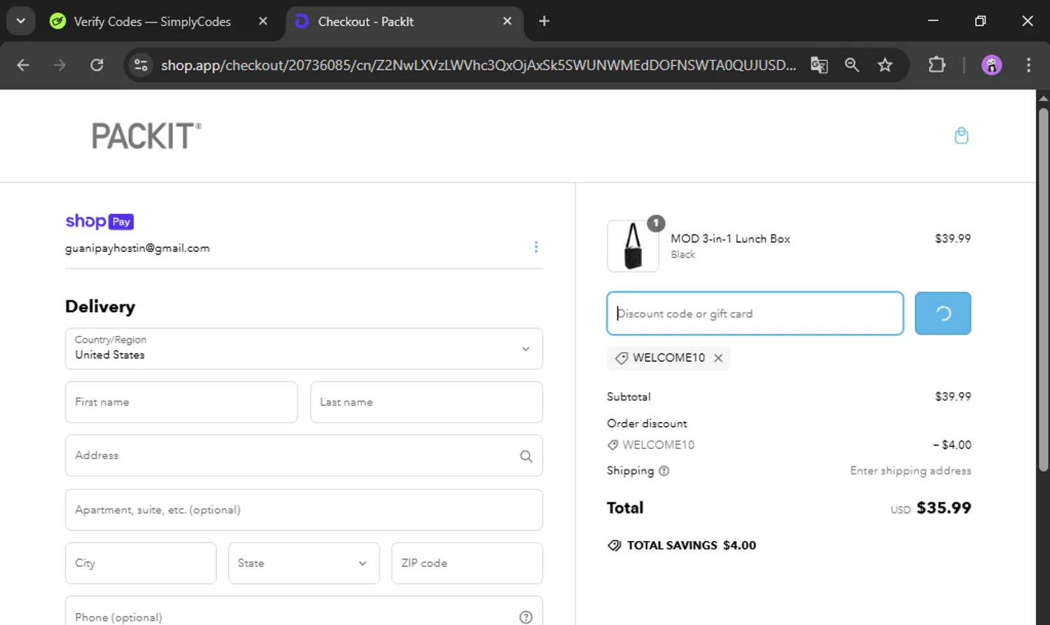 PackIt discount code screenshot showing code WELCOME10 applied at PackIt checkout page. Uploaded by SimplyCodes community member scotlake22 on Mar 7, 2025