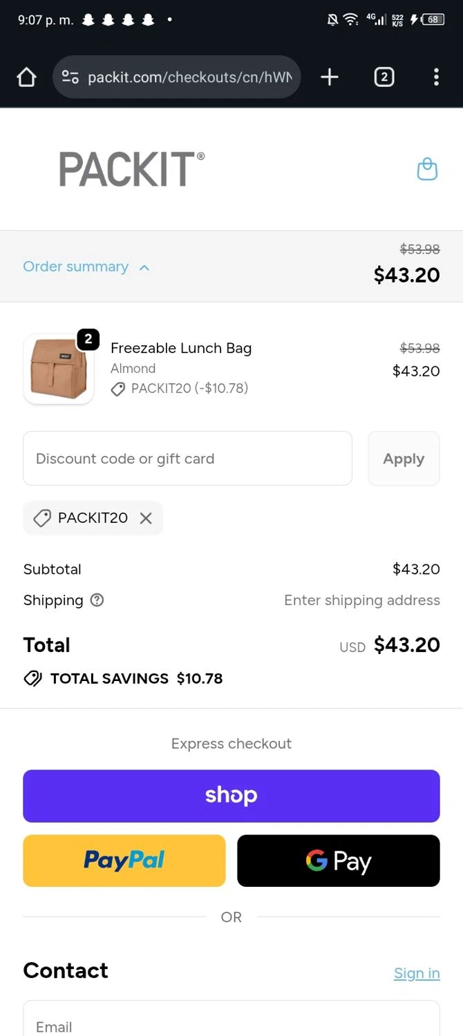 PackIt discount code screenshot showing code packit20 applied at PackIt checkout page. Uploaded by SimplyCodes community member Nickurtdale on Nov 25, 2025