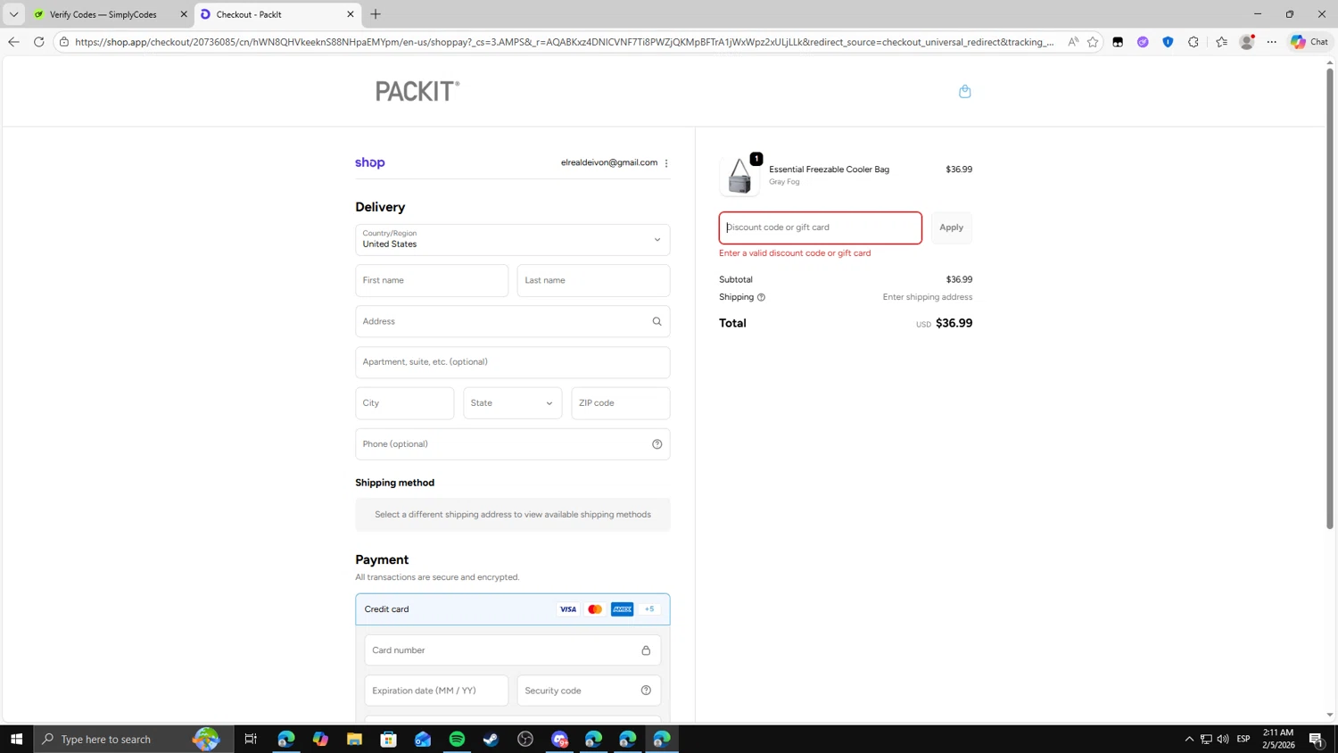 PackIt discount code screenshot showing code ESSENTIAL applied at PackIt checkout page. Uploaded by SimplyCodes community member fghfgefds2 on Feb 5, 2026