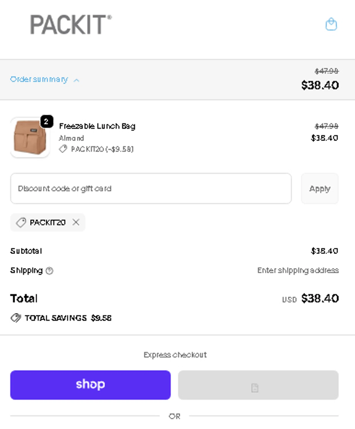PackIt discount code screenshot showing code packit20 applied at PackIt checkout page. Uploaded by SimplyCodes community member AMANDA2681 on Sep 29, 2025