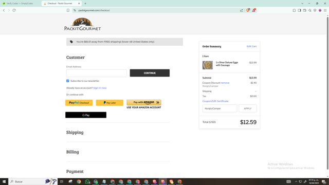 Packit Gourmet checkout page showing Packit Gourmet coupon code box | Screenshot taken by SimplyCodes community member on Apr 16, 2025