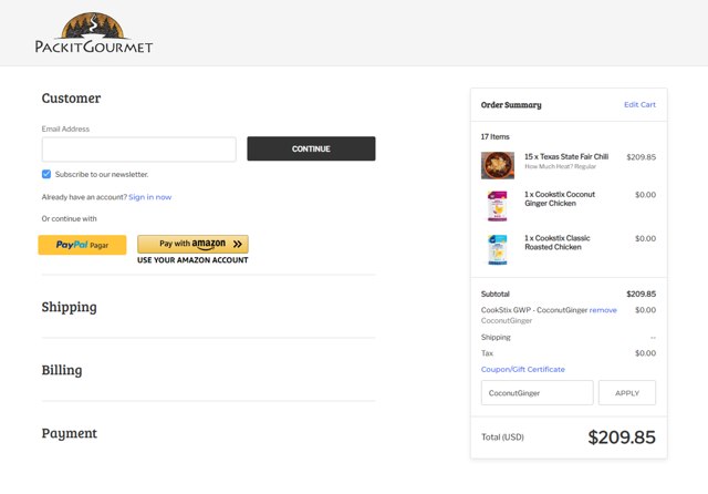 Packit Gourmet checkout page showing Packit Gourmet coupon code box | Screenshot taken by SimplyCodes community member on Jun 4, 2025