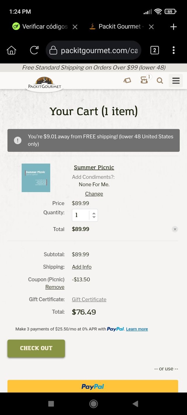 Packit Gourmet checkout page showing Packit Gourmet coupon code box | Screenshot taken by SimplyCodes community member on Jun 25, 2025