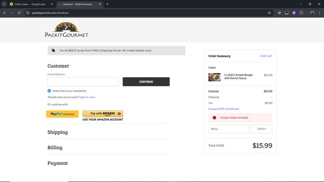 Packit Gourmet checkout page showing Packit Gourmet coupon code box | Screenshot taken by SimplyCodes community member on Jul 24, 2025