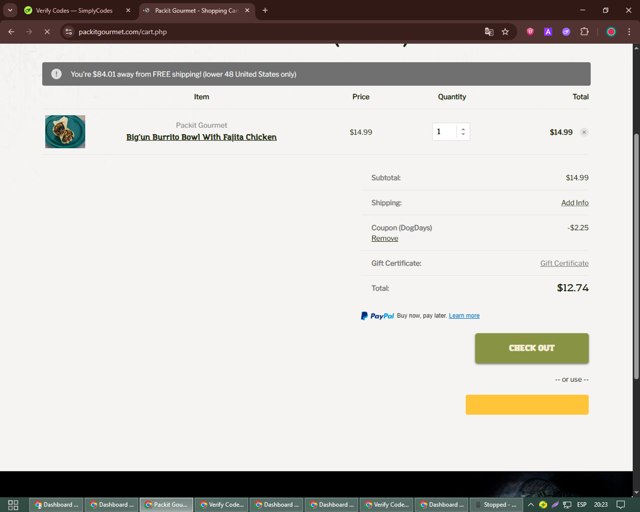 Packit Gourmet checkout page showing Packit Gourmet coupon code box | Screenshot taken by SimplyCodes community member on Aug 12, 2025