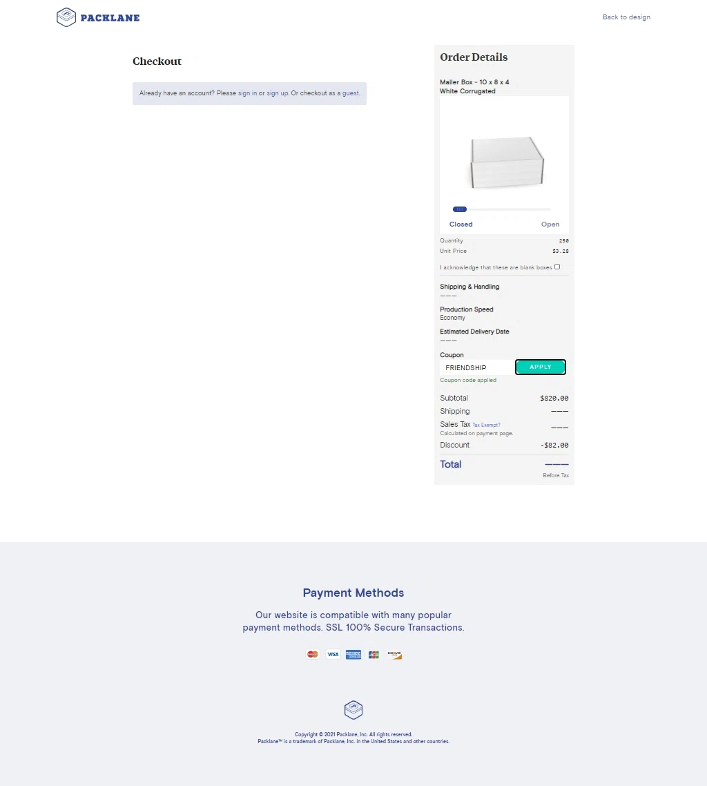 Packlane checkout page showing Packlane coupon code box | Screenshot taken by SimplyCodes community member on Apr 11, 2021