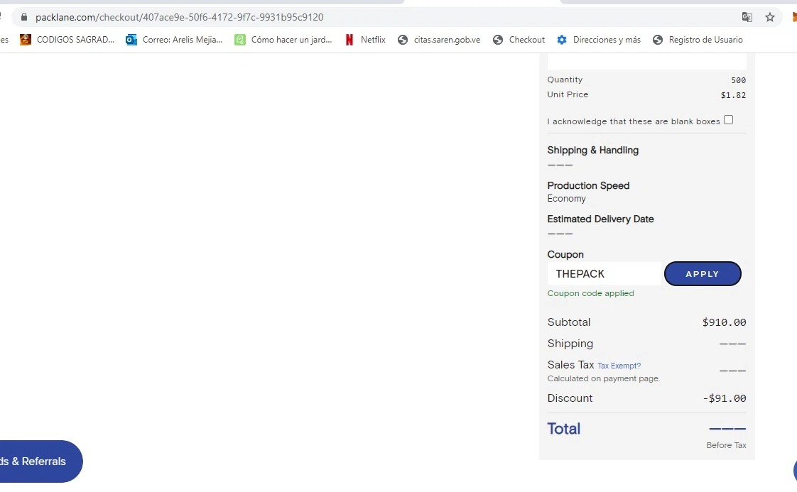Packlane checkout page showing Packlane coupon code box | Screenshot taken by SimplyCodes community member on Oct 19, 2021