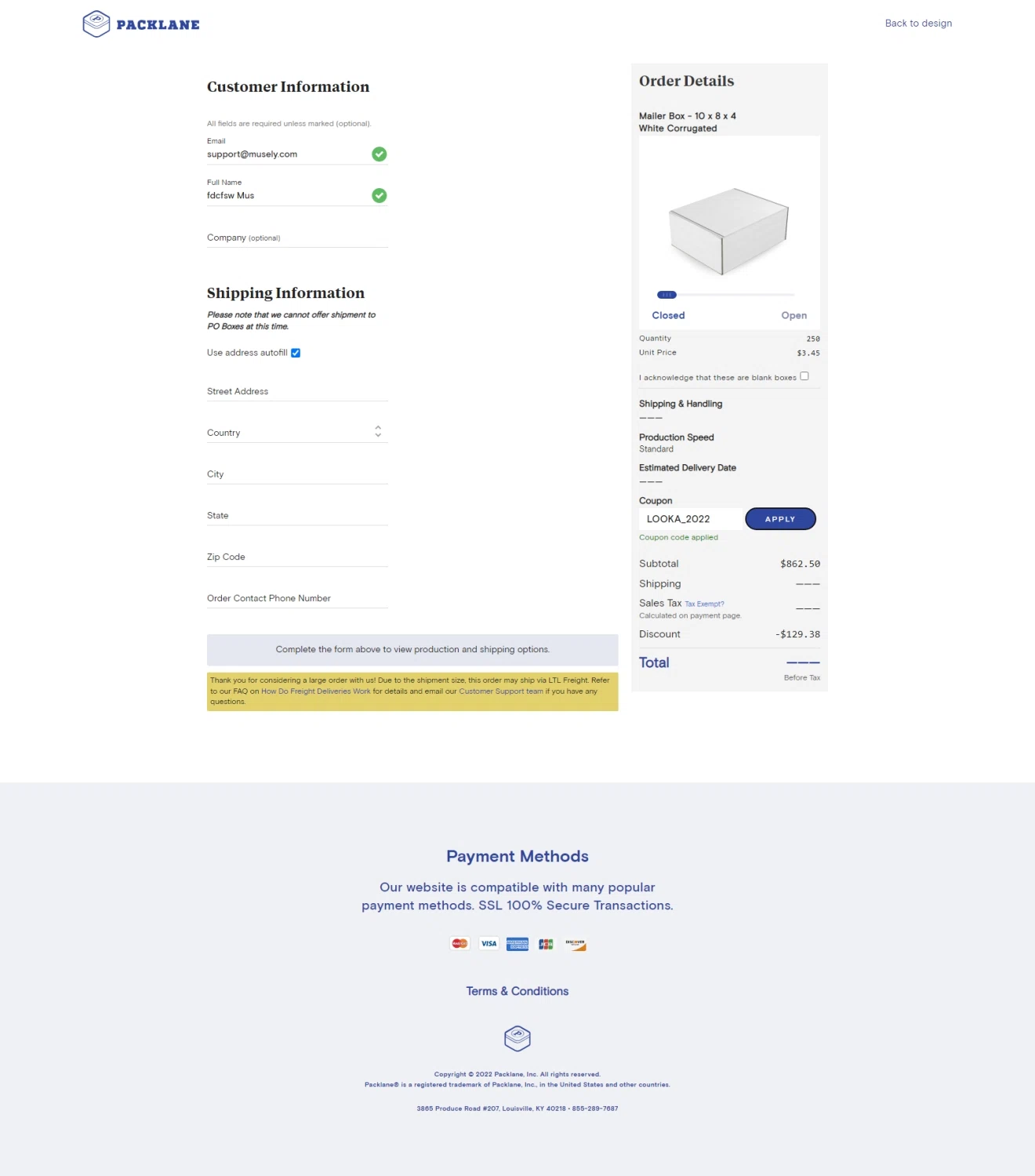 Packlane checkout page showing Packlane coupon code box | Screenshot taken by SimplyCodes community member on Jul 9, 2022