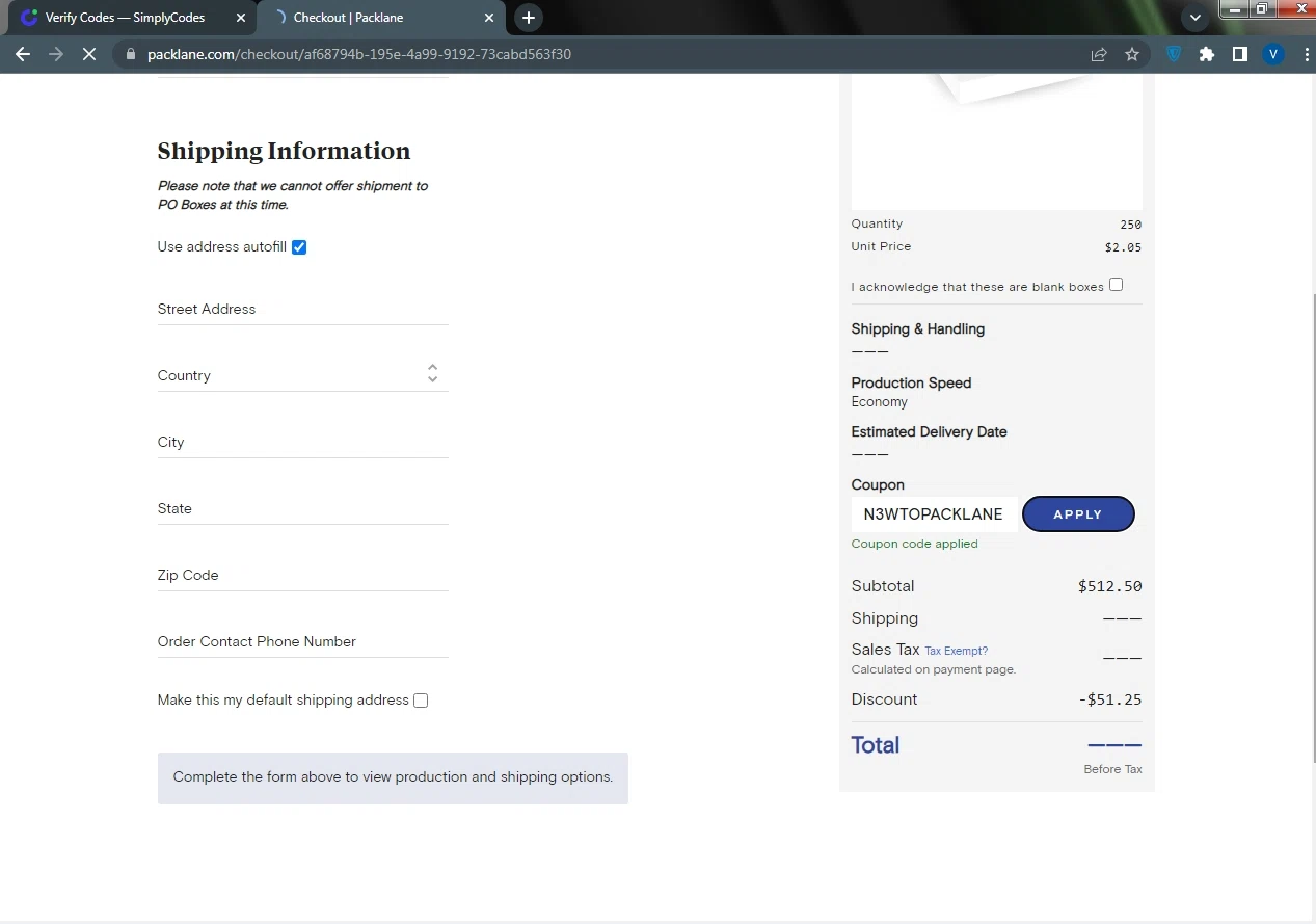 Packlane checkout page showing Packlane coupon code box | Screenshot taken by SimplyCodes community member on Mar 26, 2022