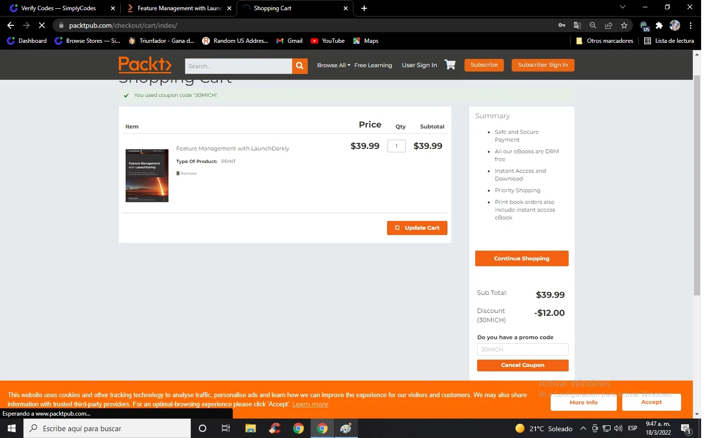 Packtpub checkout page showing Packtpub discount code box | Screenshot taken by SimplyCodes community member on Mar 18, 2022