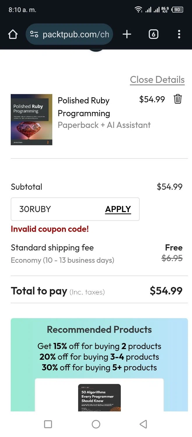 Packtpub discount code screenshot showing code 30RUBY applied at Packtpub checkout page. Uploaded by SimplyCodes community member Miggy2024 on May 3, 2025
