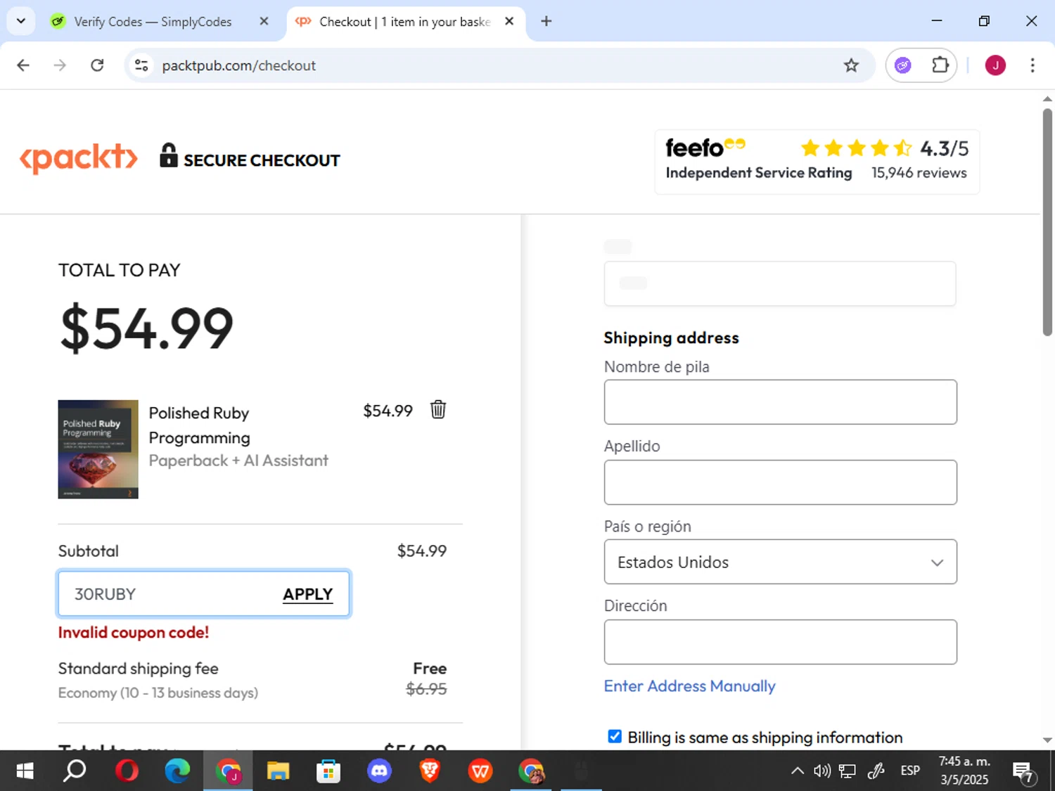 Packtpub discount code screenshot showing code 30RUBY applied at Packtpub checkout page. Uploaded by SimplyCodes community member vergil_lains on May 3, 2025