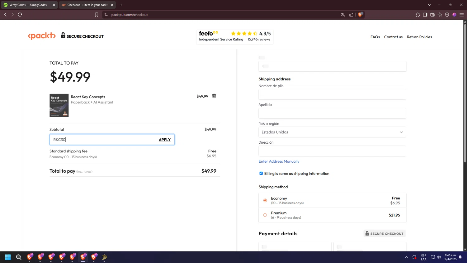 Packtpub discount code screenshot showing code RKC30 applied at Packtpub checkout page. Uploaded by SimplyCodes community member jakycham2020 on Apr 9, 2025