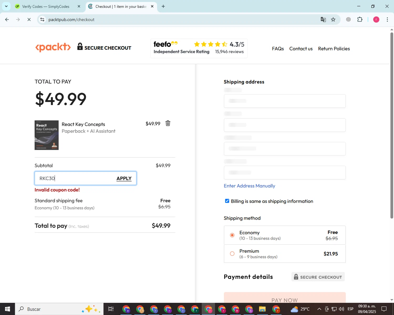 Packtpub discount code screenshot showing code RKC30 applied at Packtpub checkout page. Uploaded by SimplyCodes community member BargainEagle9039 on Apr 9, 2025