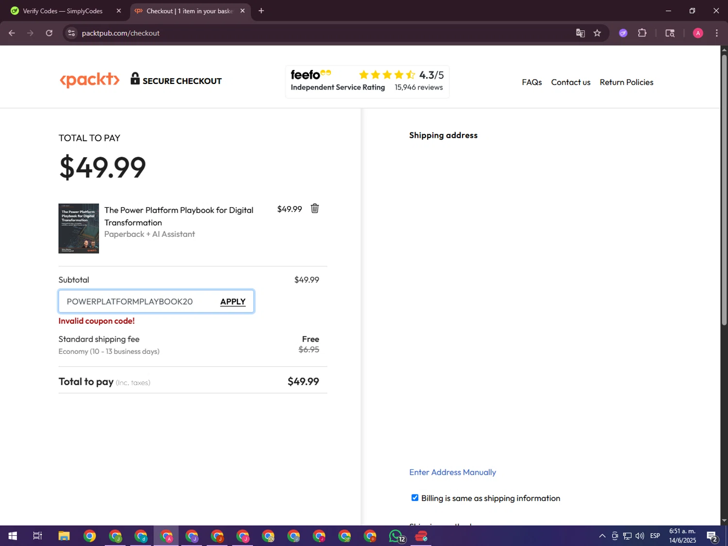 Packtpub discount code screenshot showing code POWERPLATFORMPLAYBOOK20 applied at Packtpub checkout page. Uploaded by SimplyCodes community member CrownHawk3462 on Jun 14, 2025
