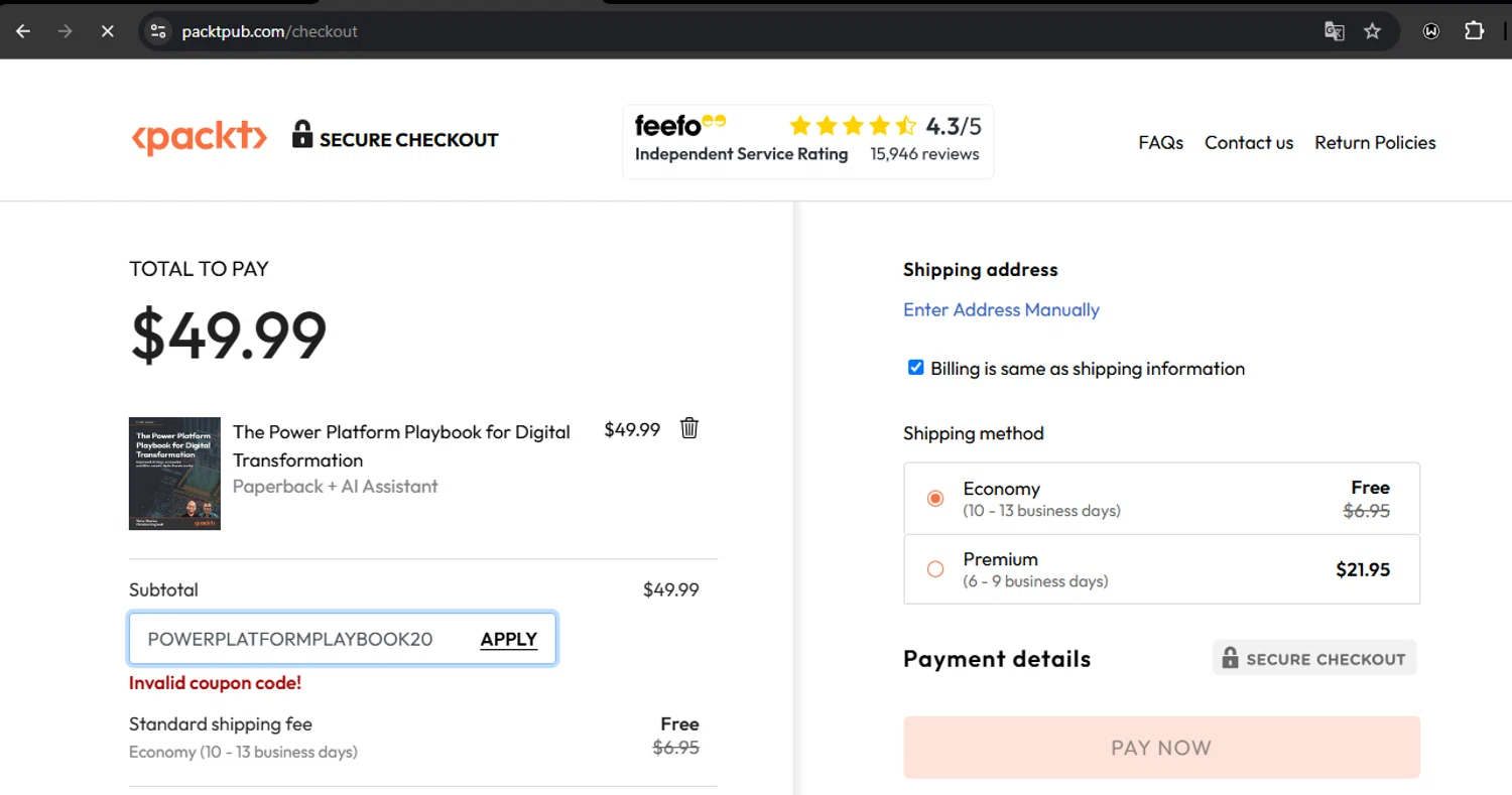 Packtpub discount code screenshot showing code POWERPLATFORMPLAYBOOK20 applied at Packtpub checkout page. Uploaded by SimplyCodes community member RoyalSpotter5217 on Jun 14, 2025