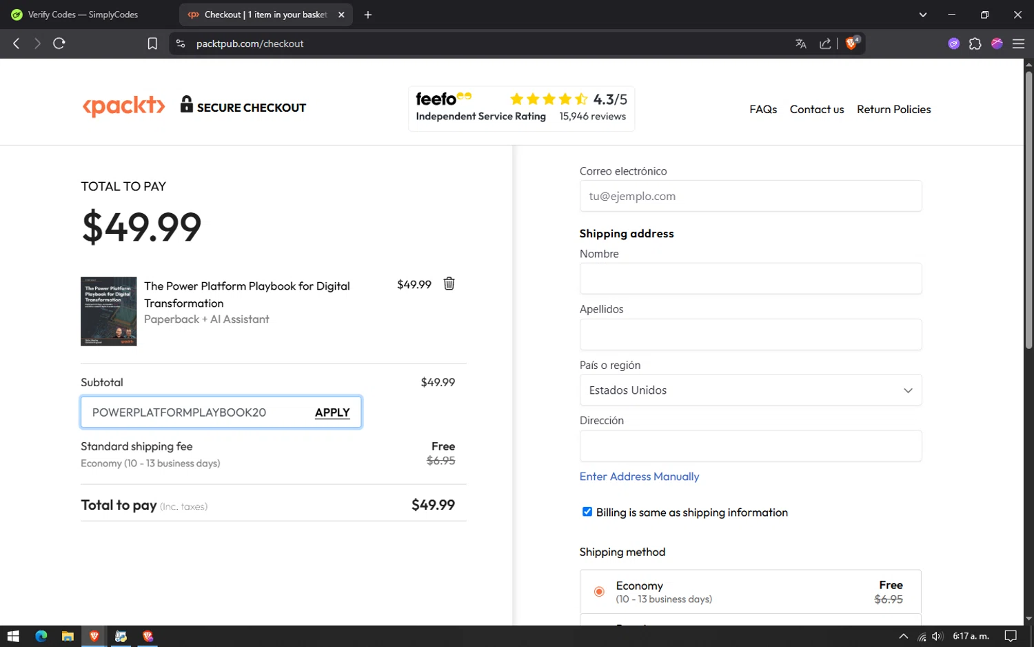 Packtpub discount code screenshot showing code POWERPLATFORMPLAYBOOK20 applied at Packtpub checkout page. Uploaded by SimplyCodes community member lareinadecupones on Jun 14, 2025