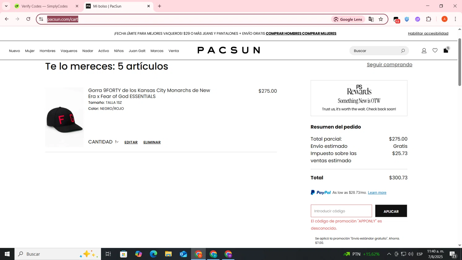 PacSun promo code screenshot showing code APPONLY applied at PacSun checkout page. Uploaded by SimplyCodes community member FrugalSentinel6206 on Aug 7, 2025