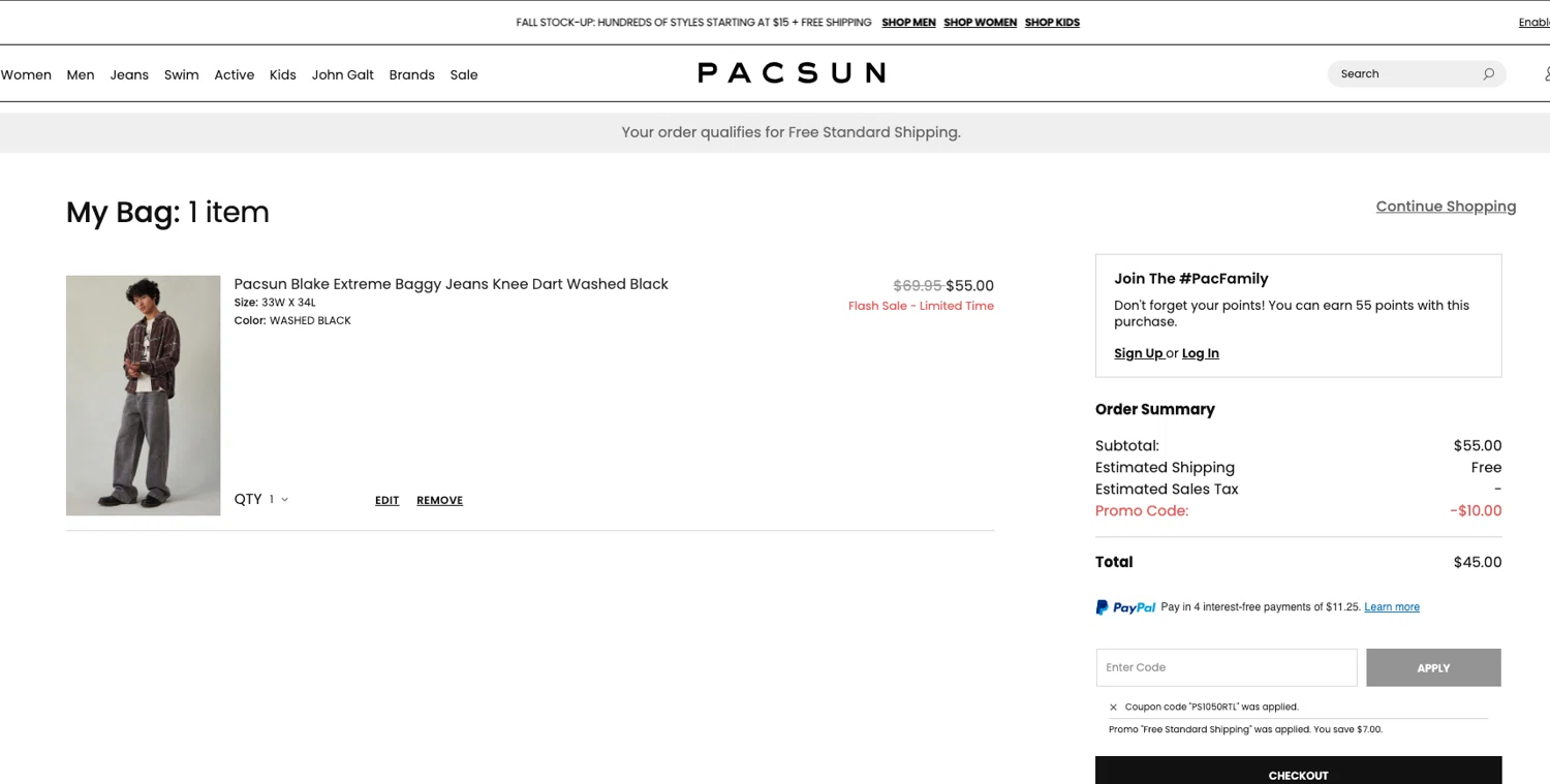 PacSun promo code screenshot showing code PS1050RTL applied at PacSun checkout page. Uploaded by SimplyCodes community member ELOIN777 on Jul 21, 2025