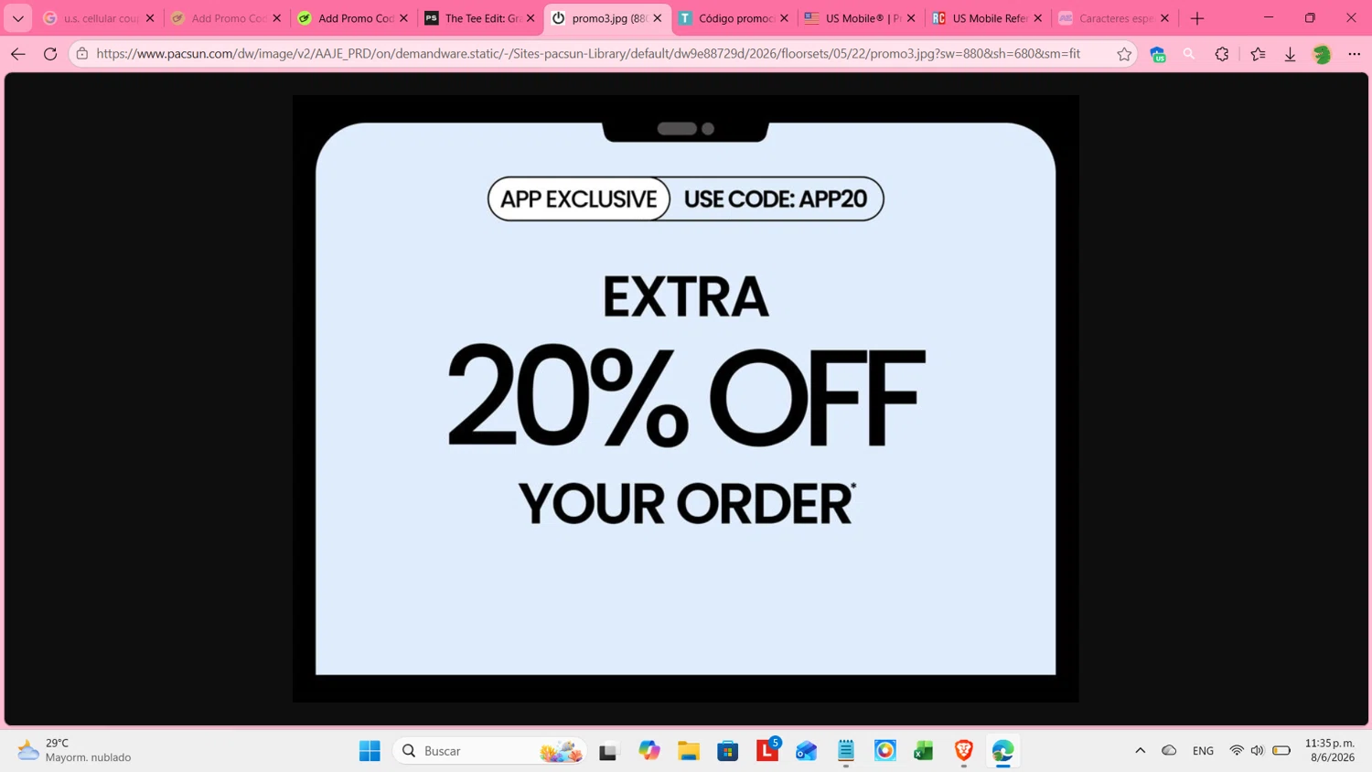 PacSun promo code screenshot showing code APP20 applied at PacSun checkout page. Uploaded by SimplyCodes community member cosita on Jun 9, 2026