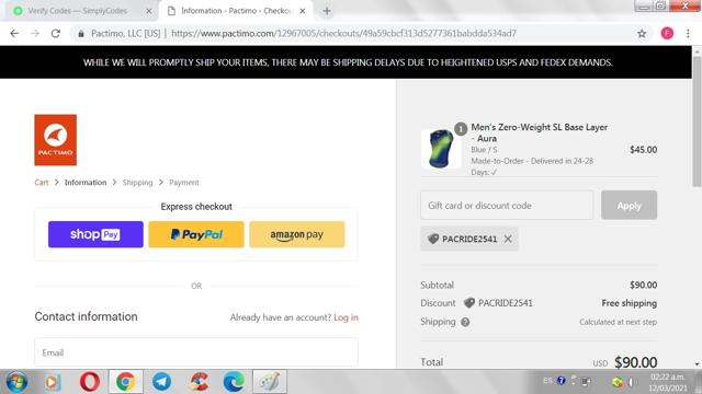 Pactimo checkout page showing Pactimo coupon code box | Screenshot taken by SimplyCodes community member on Mar 11, 2021