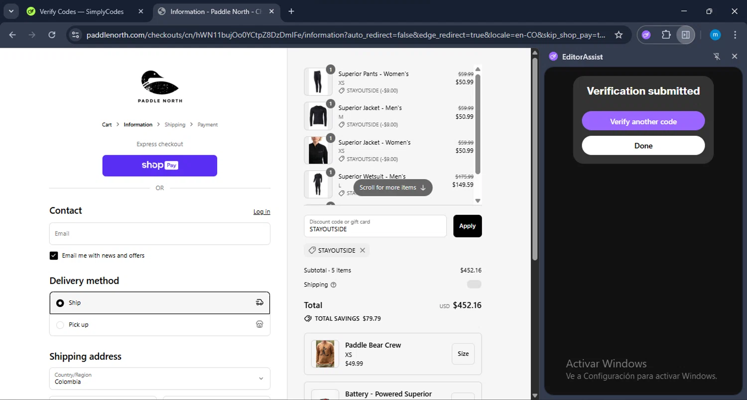 Paddle North discount code screenshot showing code STAYOUTSIDE applied at Paddle North checkout page. Uploaded by SimplyCodes community member LuckyWarden9122 on Jul 25, 2025