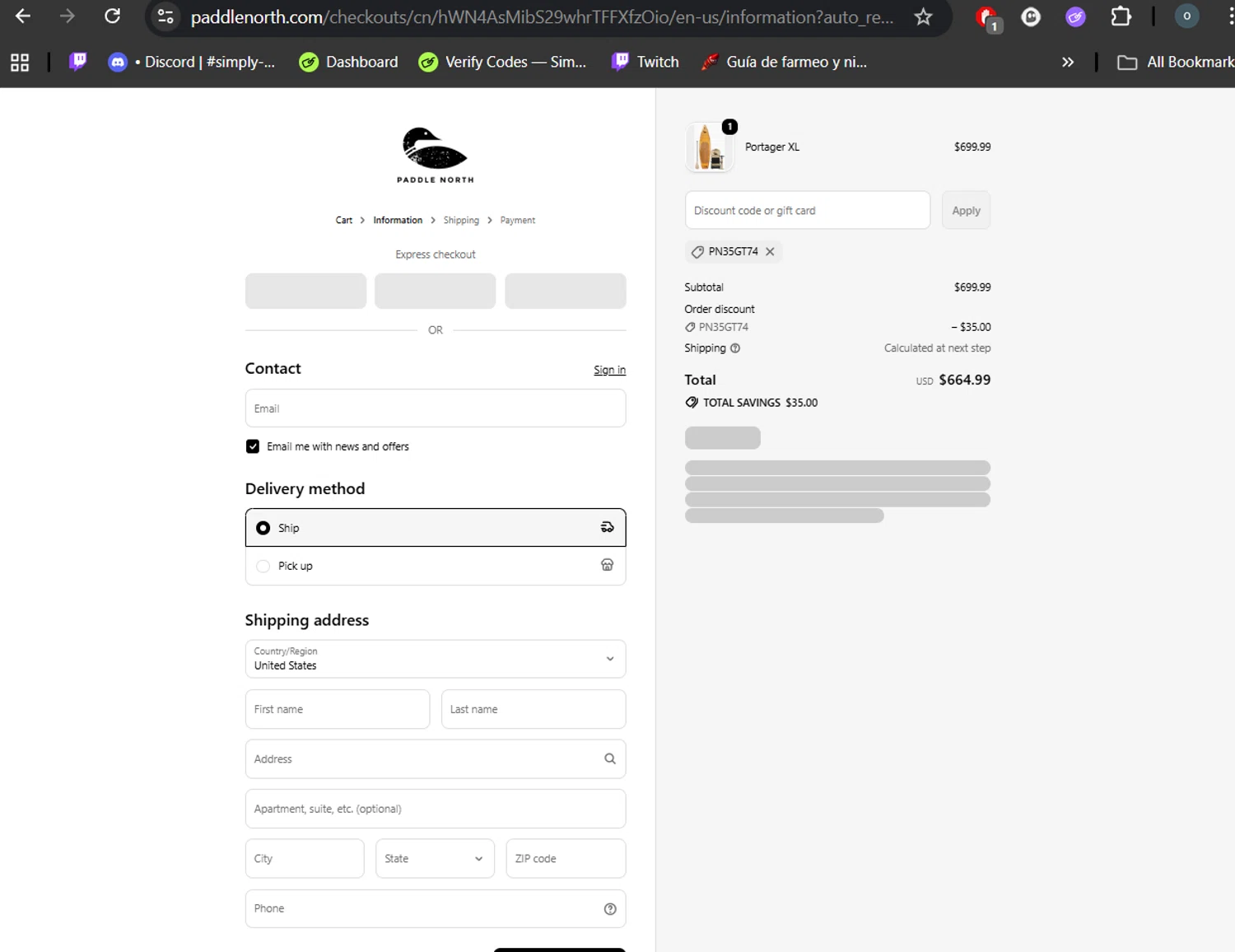 Paddle North discount code screenshot showing code PN35GT74 applied at Paddle North checkout page. Uploaded by SimplyCodes community member DealHero3744 on Oct 16, 2025