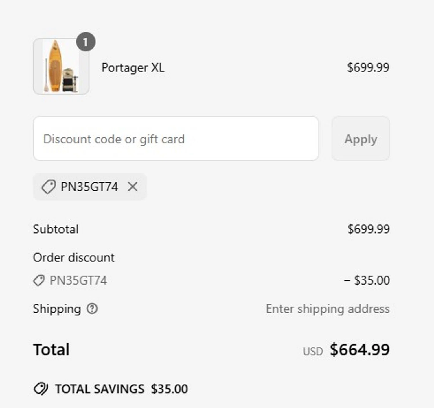 Paddle North discount code screenshot showing code PN35GT74 applied at Paddle North checkout page. Uploaded by SimplyCodes community member FortunateScholar5901 on Jul 1, 2025