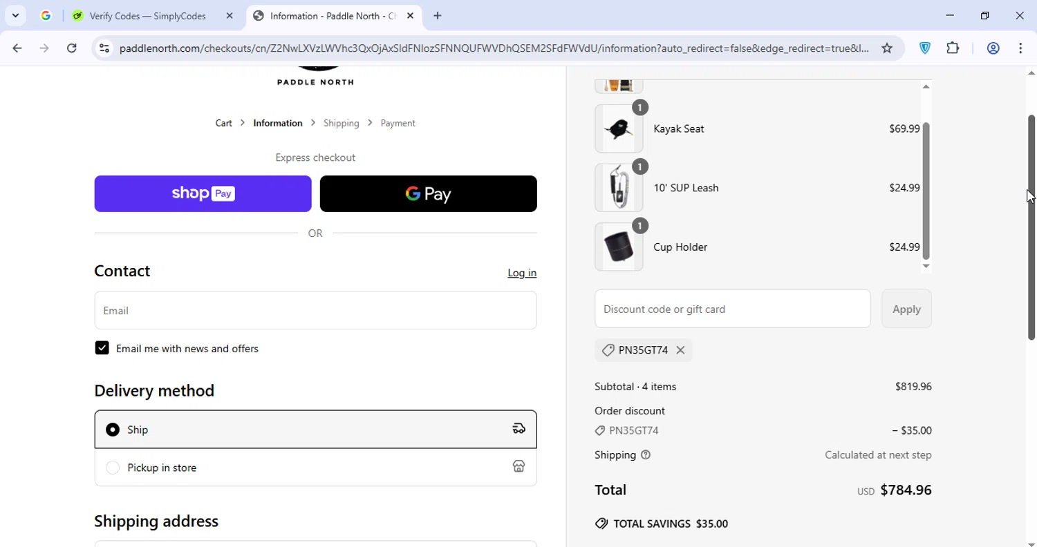 Paddle North discount code screenshot showing code PN35GT74 applied at Paddle North checkout page. Uploaded by SimplyCodes community member VoucherGuardian4807 on May 29, 2025
