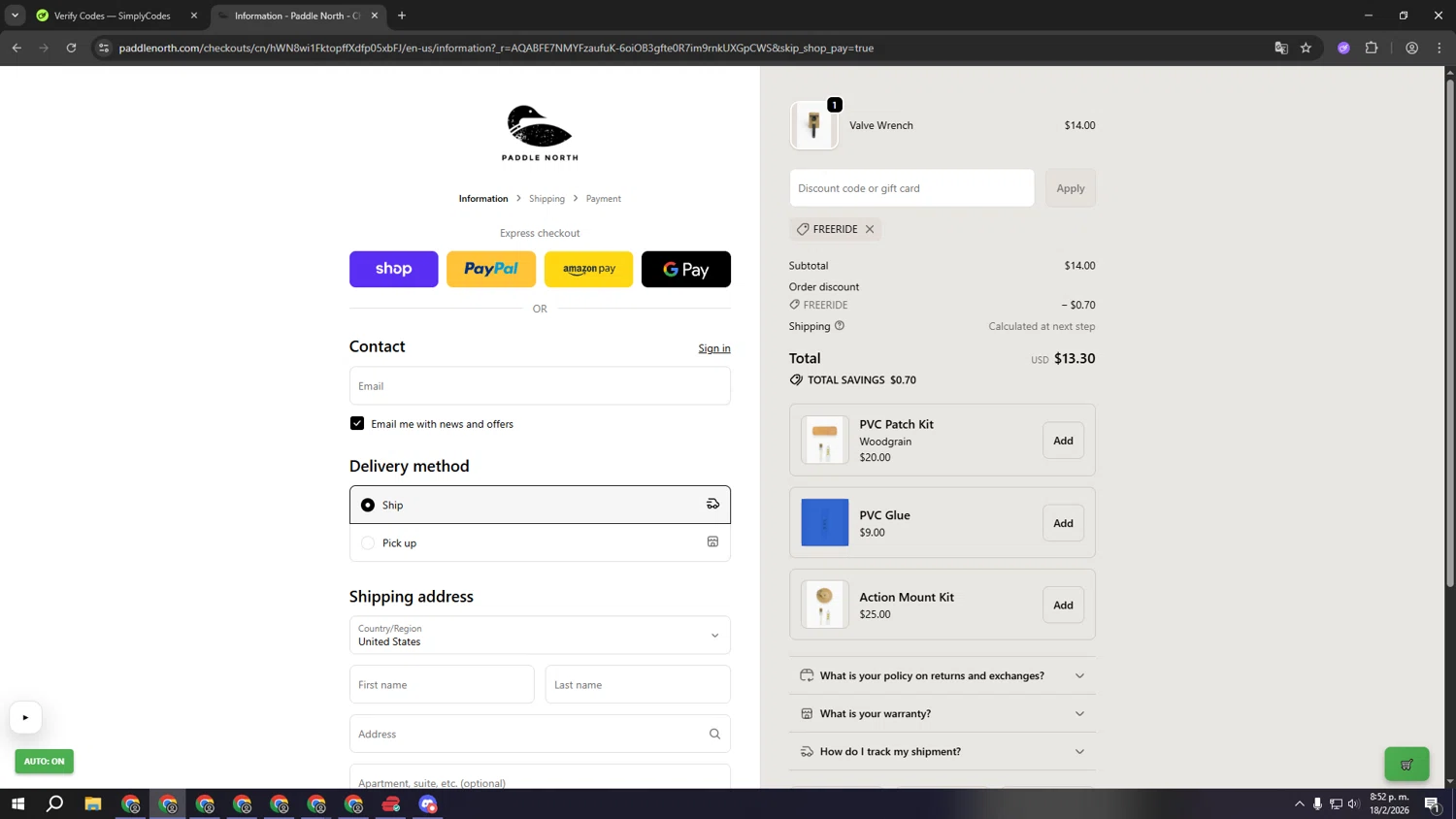 Paddle North discount code screenshot showing code FREERIDE applied at Paddle North checkout page. Uploaded by SimplyCodes community member aaaaaaaaaaaaaaaa on Feb 19, 2026