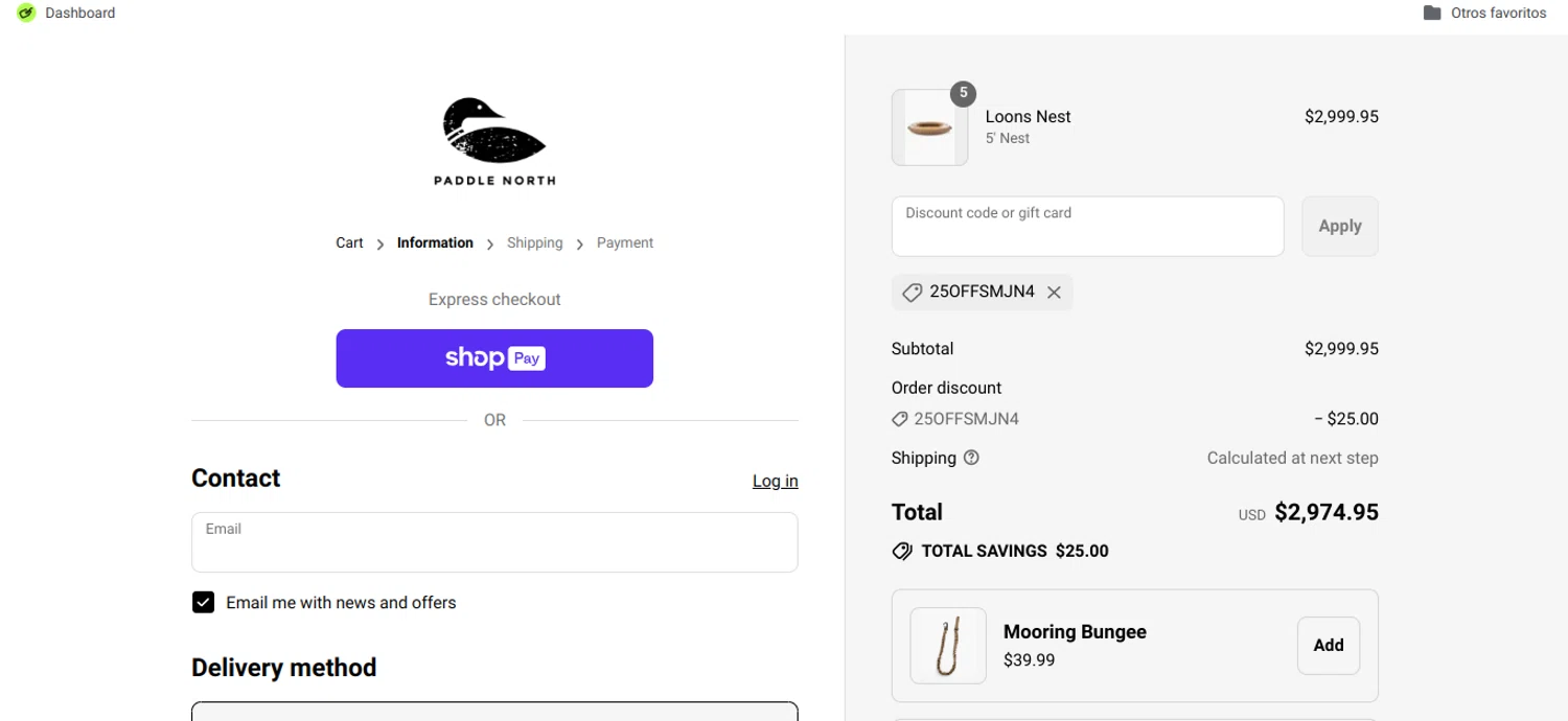 Paddle North discount code screenshot showing code 25OFFSMJN4 applied at Paddle North checkout page. Uploaded by SimplyCodes community member Speedy on Jul 22, 2025
