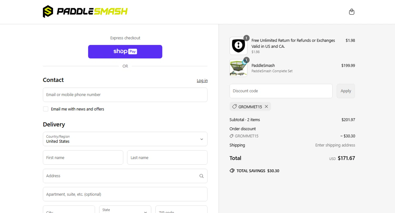 PaddleSmash promo code screenshot showing code GROMMET15 applied at PaddleSmash checkout page. Uploaded by SimplyCodes community member Camila on Jun 16, 2025