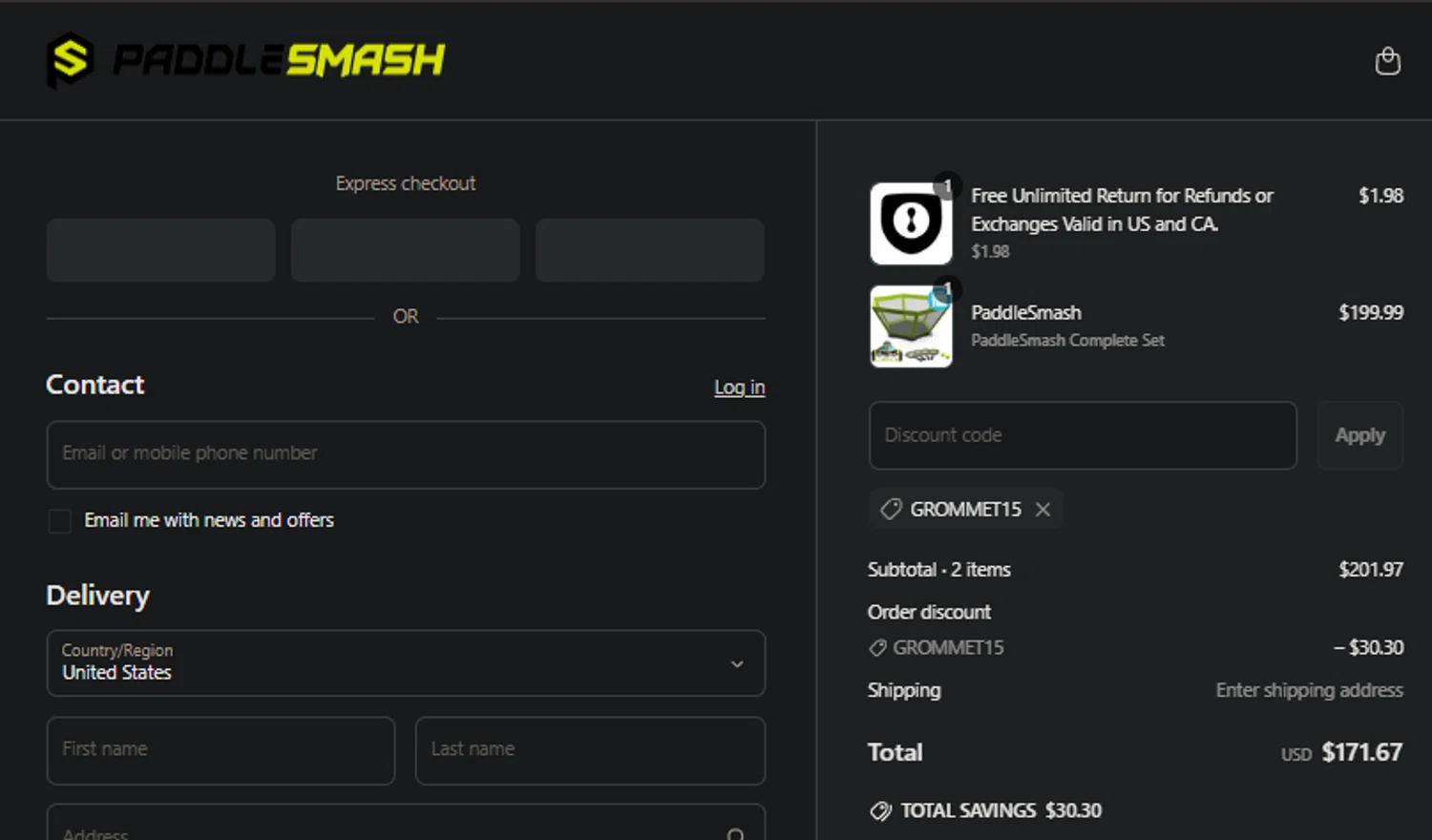PaddleSmash promo code screenshot showing code GROMMET15 applied at PaddleSmash checkout page. Uploaded by SimplyCodes community member SpiderGwen on Jun 16, 2025