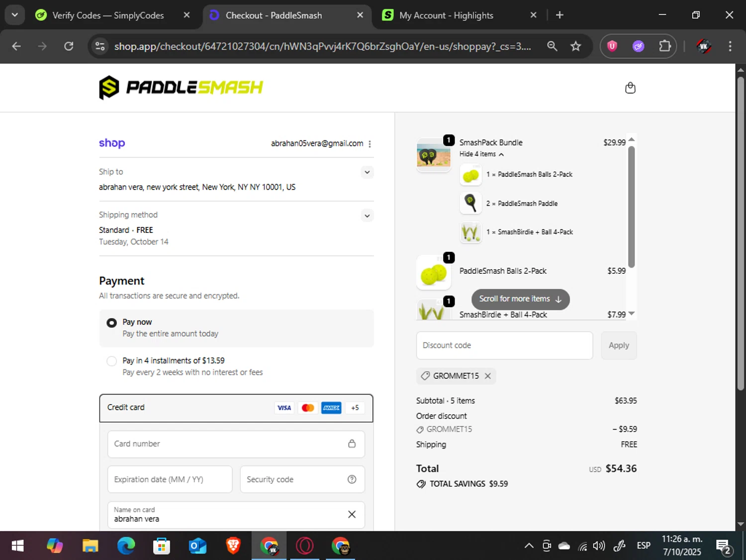 PaddleSmash promo code screenshot showing code GROMMET15 applied at PaddleSmash checkout page. Uploaded by SimplyCodes community member TreasureAdmiral6867 on Oct 7, 2025