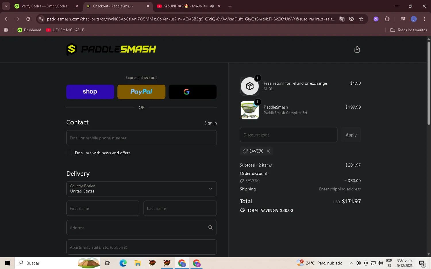PaddleSmash promo code screenshot showing code SAVE30 applied at PaddleSmash checkout page. Uploaded by SimplyCodes community member CouponOwl5049 on Dec 6, 2025