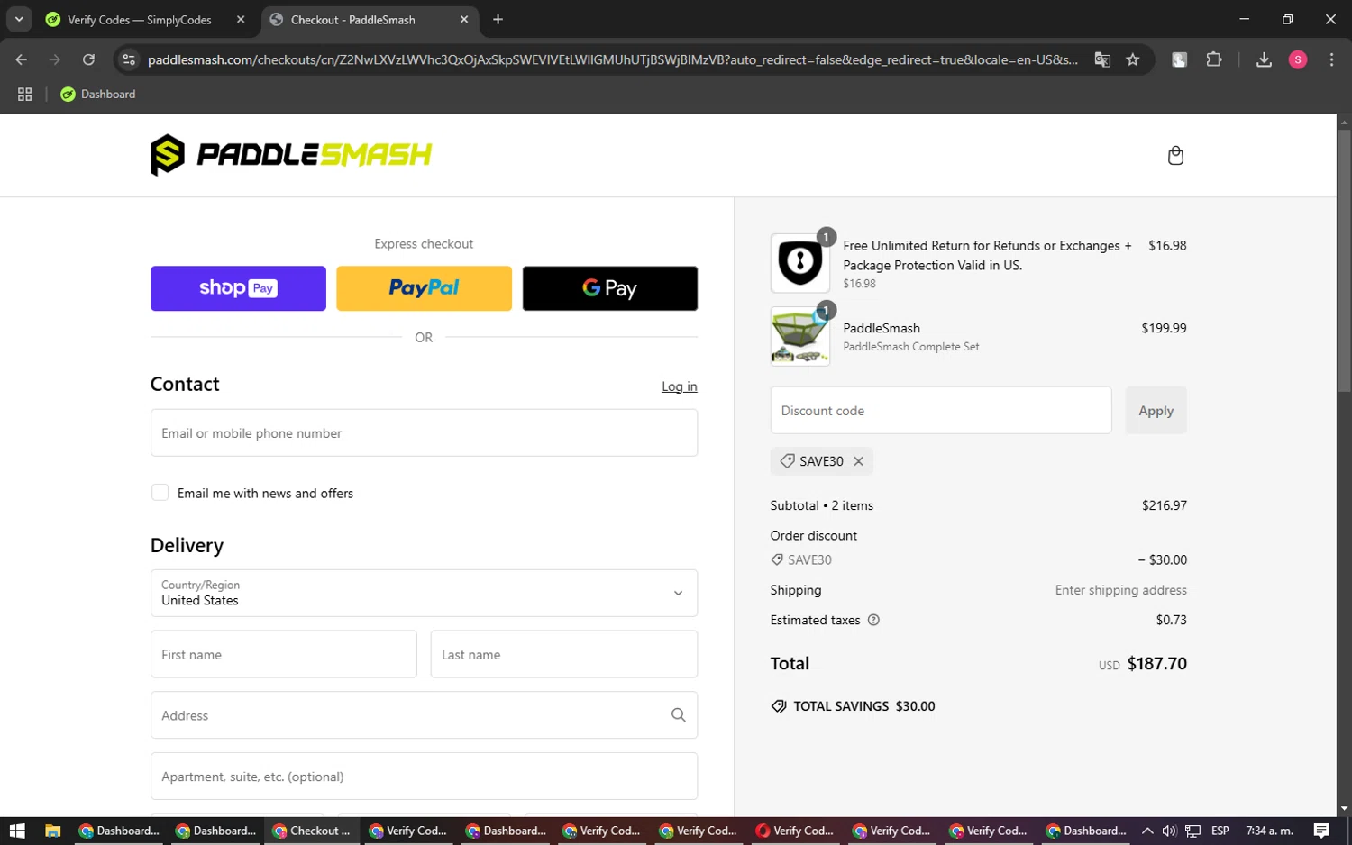 PaddleSmash promo code screenshot showing code SAVE30 applied at PaddleSmash checkout page. Uploaded by SimplyCodes community member BargainPilot4994 on Jan 29, 2025