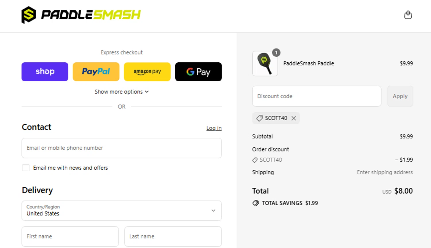 PaddleSmash promo code screenshot showing code SCOTT40 applied at PaddleSmash checkout page. Uploaded by SimplyCodes community member CouponLion324 on Sep 4, 2025