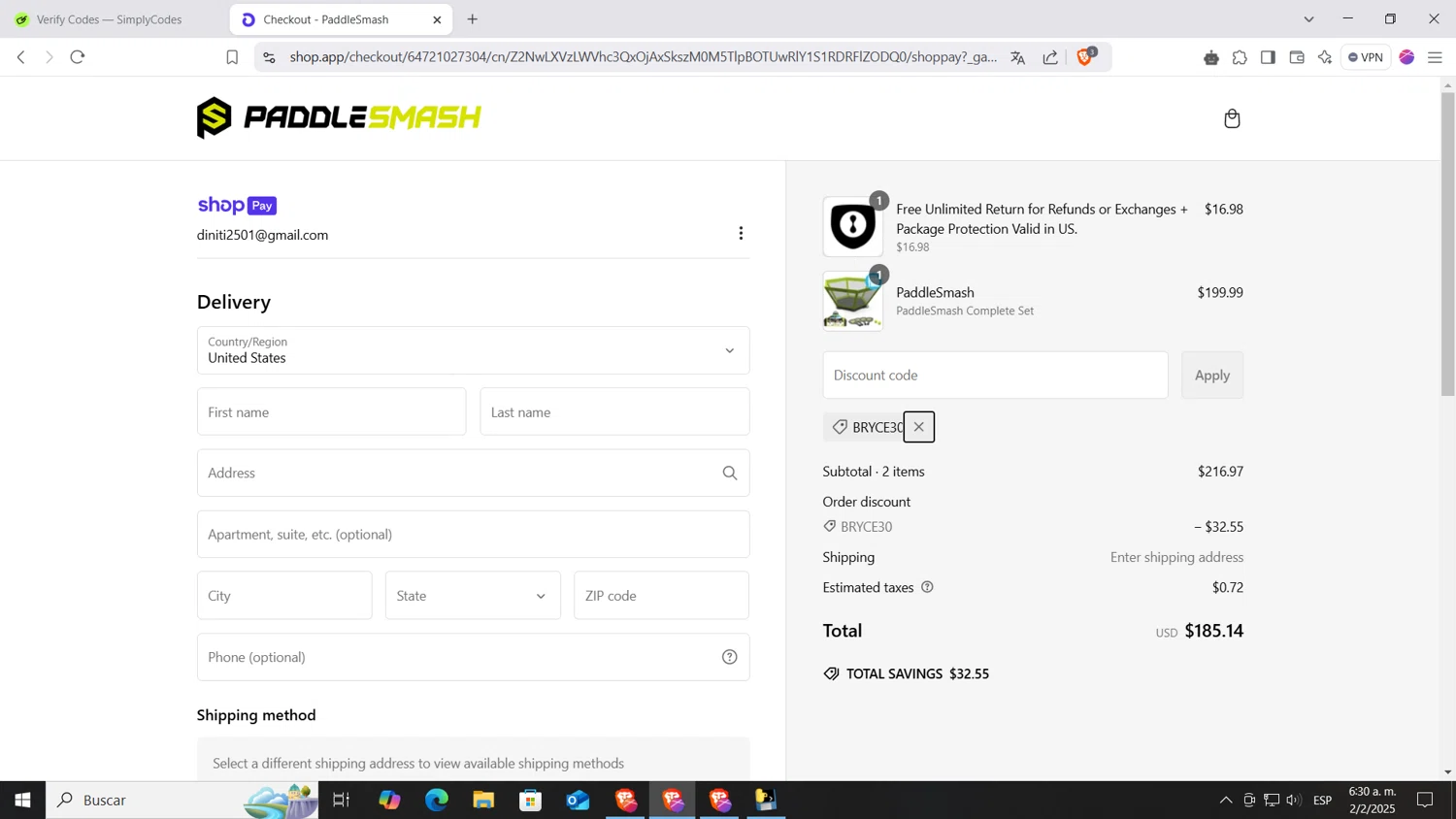 PaddleSmash promo code screenshot showing code BRYCE30 applied at PaddleSmash checkout page. Uploaded by SimplyCodes community member AnthonyGTX on Feb 2, 2025