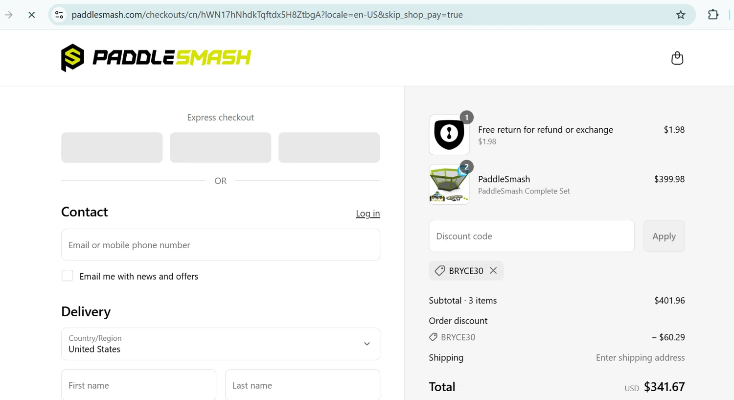 PaddleSmash promo code screenshot showing code BRYCE30 applied at PaddleSmash checkout page. Uploaded by SimplyCodes community member PennyLegend2134 on Jul 27, 2025