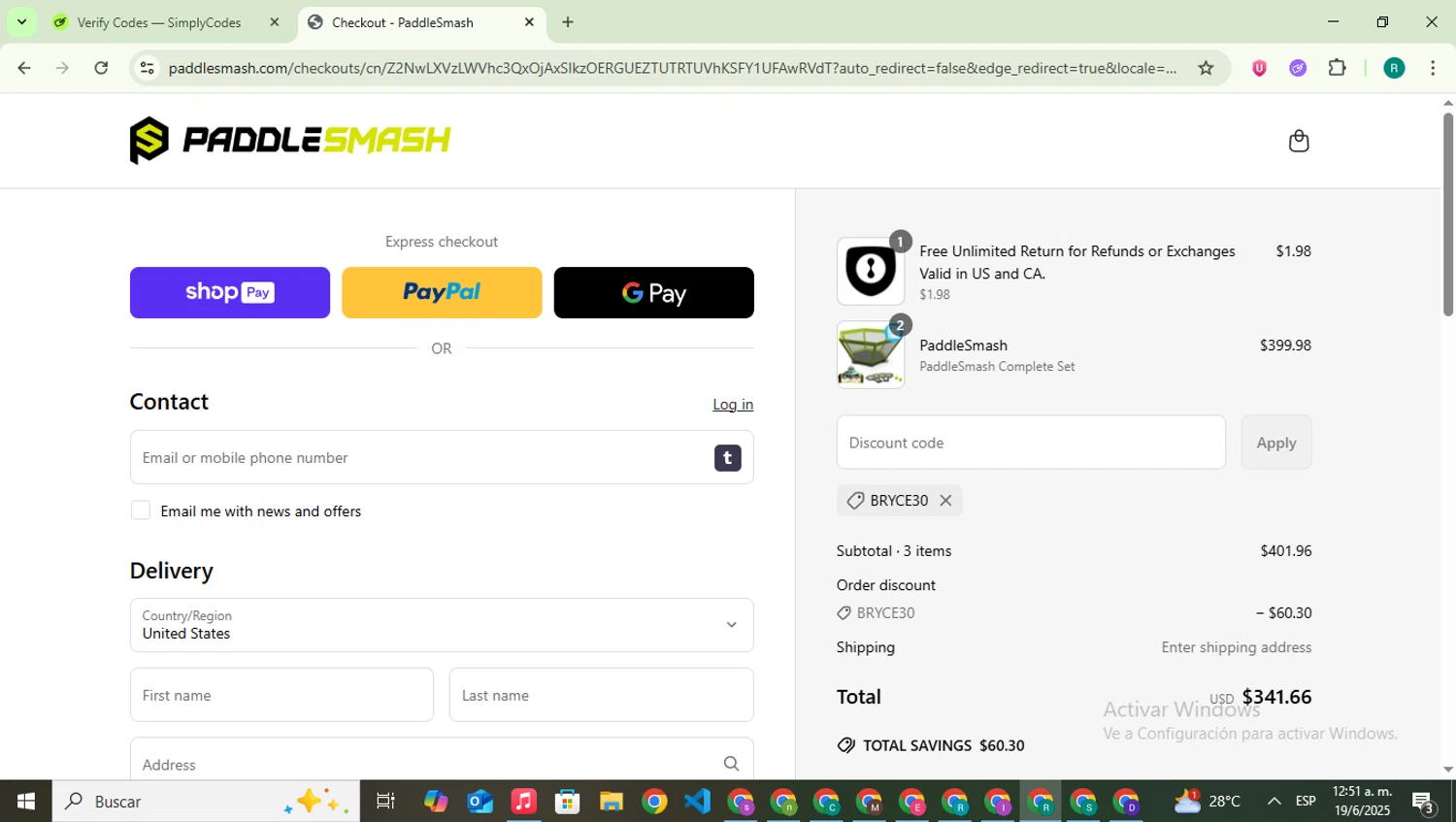 PaddleSmash promo code screenshot showing code BRYCE30 applied at PaddleSmash checkout page. Uploaded by SimplyCodes community member SavingsLegend387 on Jun 19, 2025