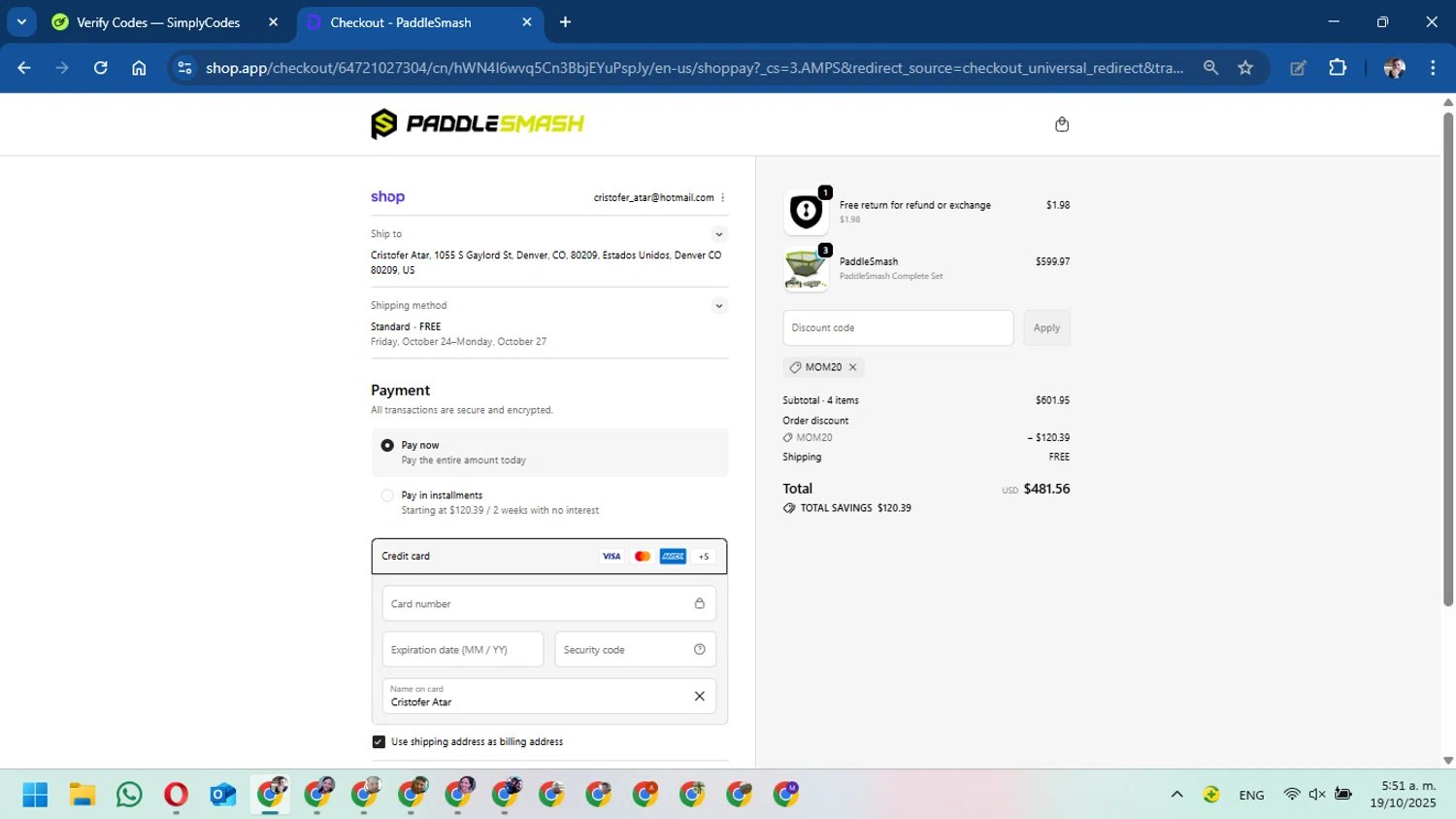 PaddleSmash promo code screenshot showing code MOM20 applied at PaddleSmash checkout page. Uploaded by SimplyCodes community member DavidMGF on Oct 19, 2025