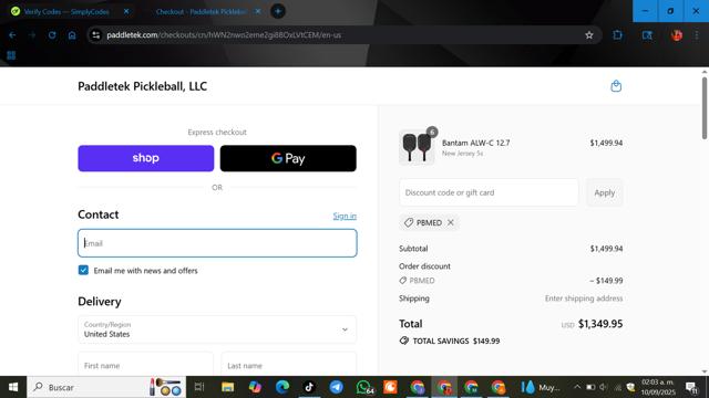 Paddletek checkout page showing Paddletek discount code box | Screenshot taken by SimplyCodes community member on Sep 10, 2025